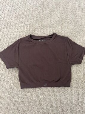 SET Active Girls' Brown Ribbed Short Sleeve Crop Tee